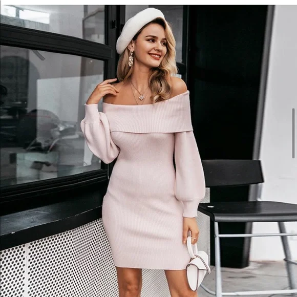 Off Shoulder Pink Dress Sweater Knitted Mini Dress. NEW NWT - Picture 3 of 5